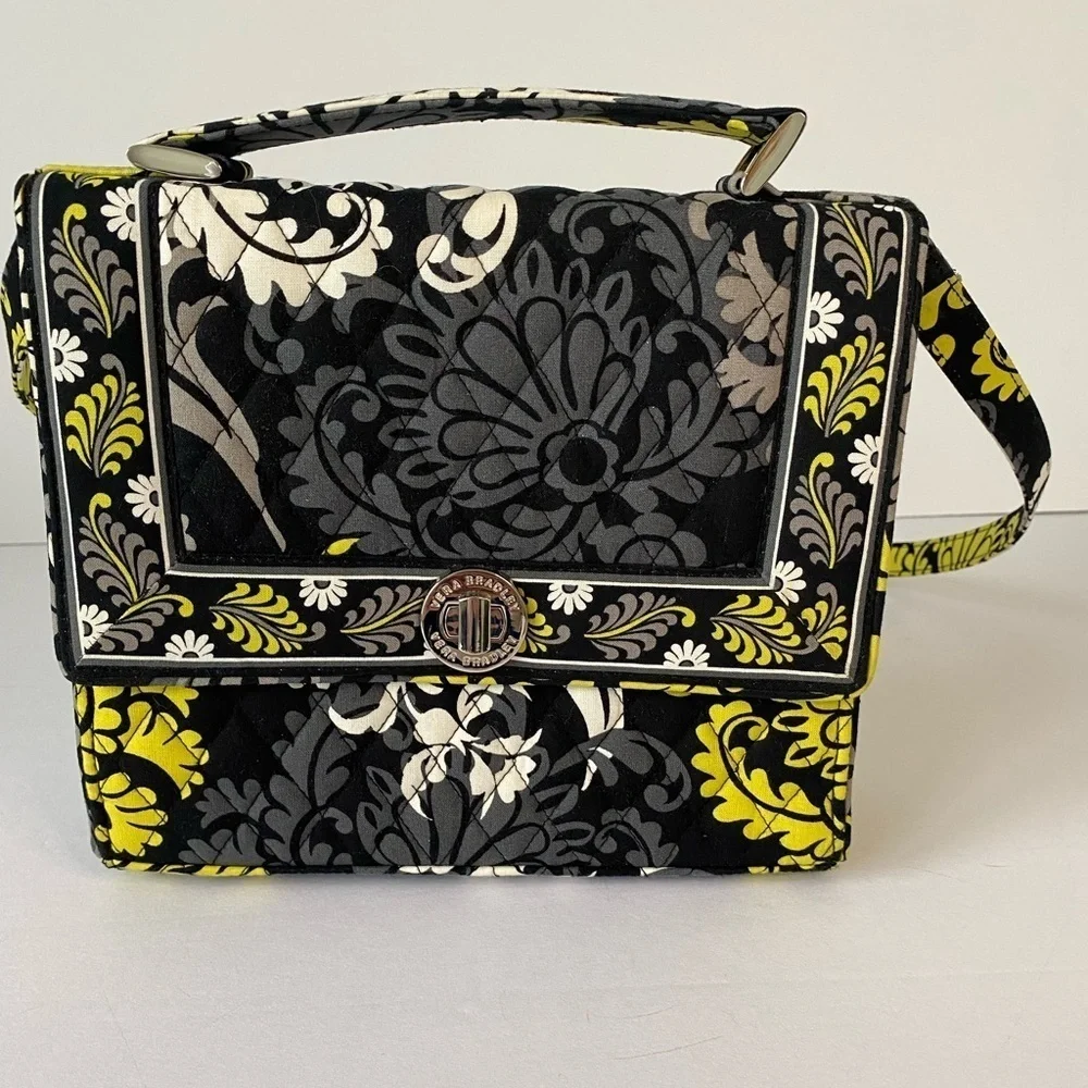 VERA BRADLEY Baroque HANDBAG Purse Black Acid Yellow White Satchel‎ Crossbody